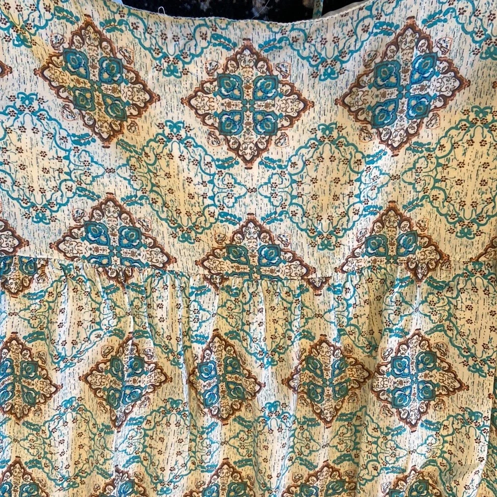 Umgee Aqua Teal Patterned Mini Dress with Olive Bell Sleeves - Picture 11 of 11
